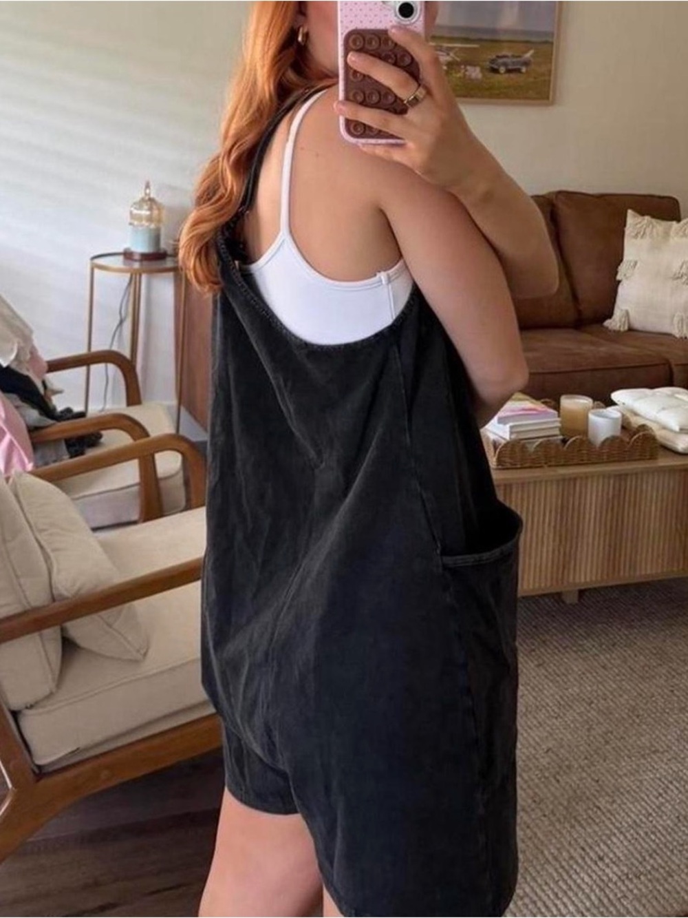 Black Denim Romper with Front Pockets - Picture 2 of 5